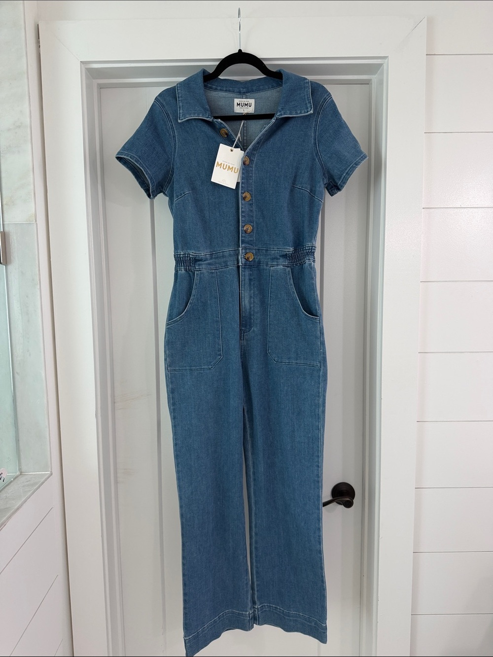 Show Me Your MuMu Medium Blue Denim Short-Sleeve Boot-Cut Jumpsuit